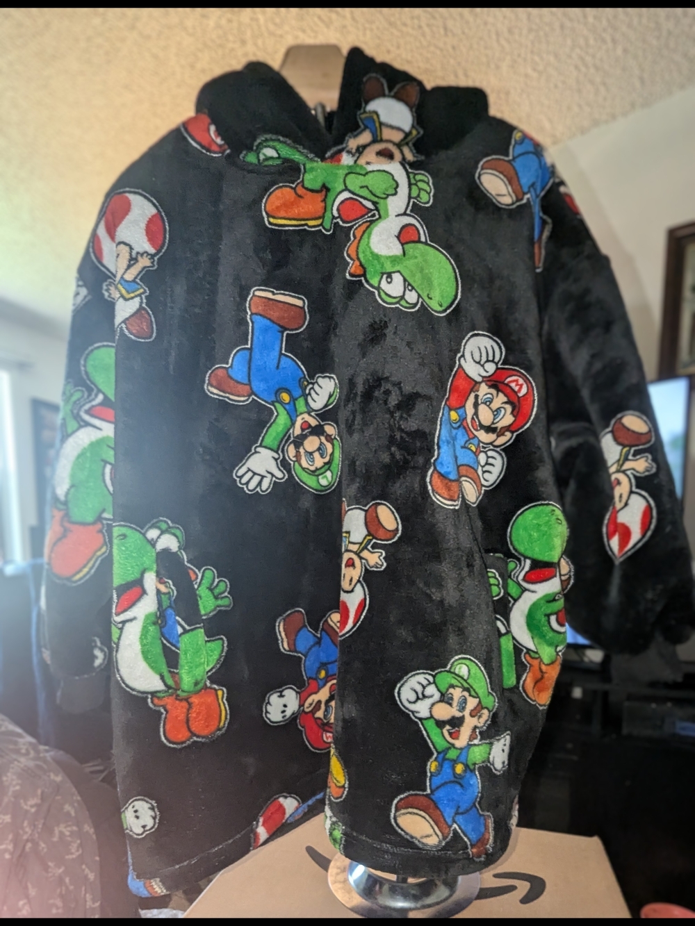 Nintendo Super Mario Black Plush Hoodie with Multicolor Characters